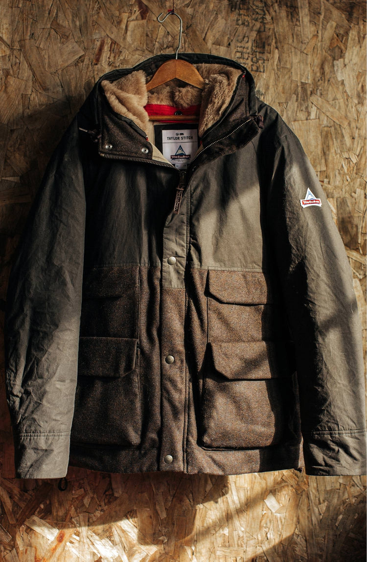 The Flatiron Jacket open on a hangar showing removable hood