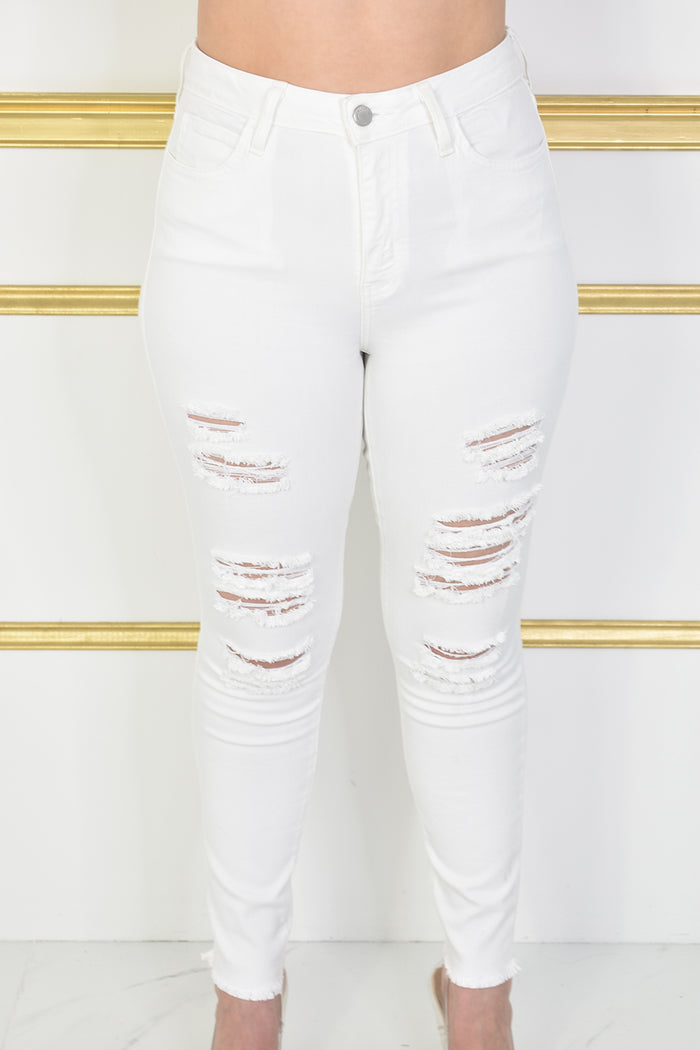 White Skinny Ripped Jeans with 20 Gold Chains, Rayarrips — RayarJeans