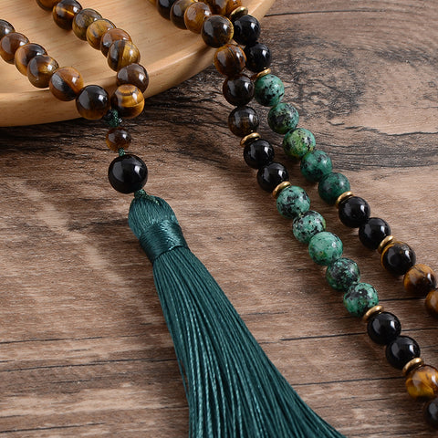 Japa mala meditation set with yellow tiger eye beads, African turknite, black onyx