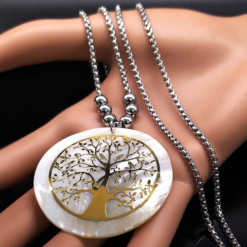 Collar de árbol de la vida de acero inoxidable con cuentas de oro de doble capa para mujer