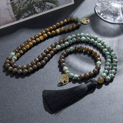 Collar de oración mala de meditación de ojo de tigre y broncita de piedra natural para hombres y mujeres.