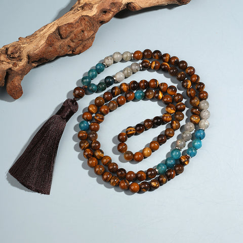 Mala 108 beads in tiger's eye, apatite and labradorite