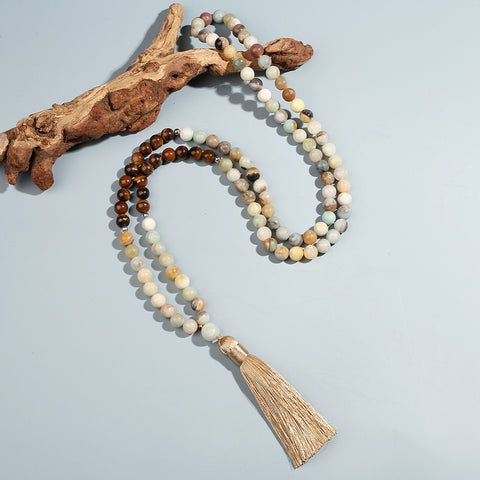 Amazonite Stone Tiger Eye Beaded Mala Necklace Set For Men Women