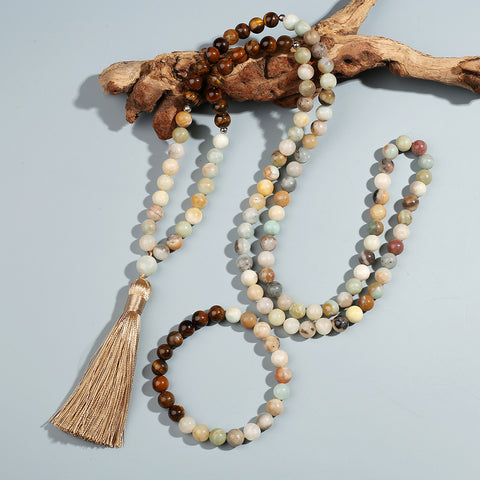 Amazonite Stone Tiger Eye Beaded Mala Necklace Set For Men Women