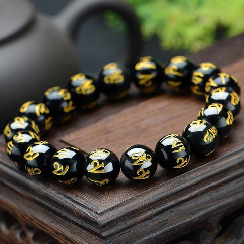 Pulseras de mantra de budismo tibetano de obsidiana negra para hombres y mujeres