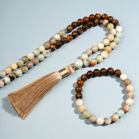 Amazonite Stone Tiger Eye Beaded Mala Necklace Set For Men Women