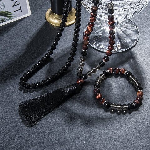 Meditation necklace 108 Mala beads in red tiger eye and black onyx