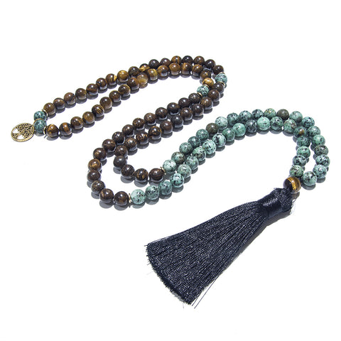 Natural stone tiger eye and bronzite meditation mala prayer necklace for men women.