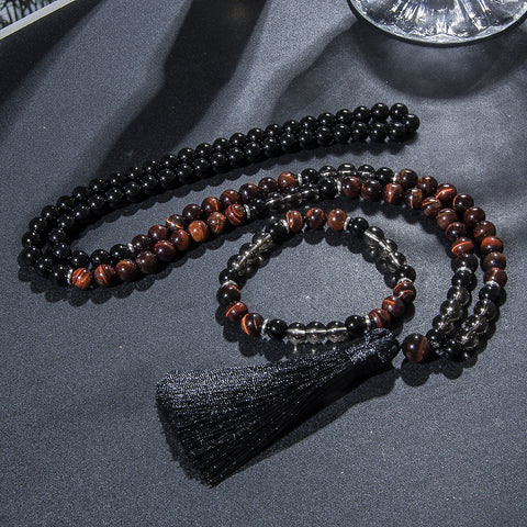 Meditation necklace 108 Mala beads in red tiger eye and black onyx