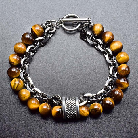 Pulsera de ojo de tigre con cadena de eslabones de acero inoxidable y bronce para hombre