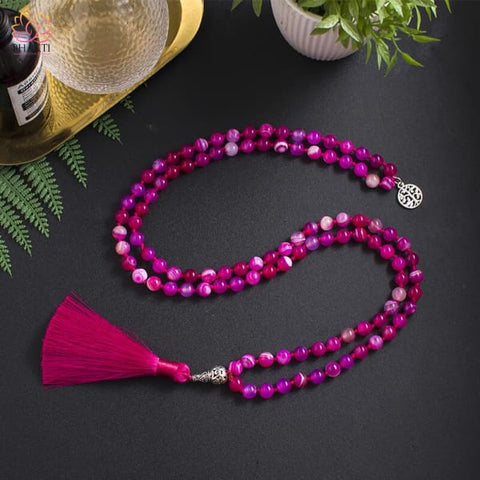 Mala Collar Ágata 8mm 108 Cuentas Yoga Meditación Rojo/Rosa