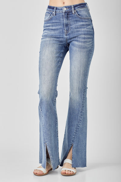 risen high rise cropped flare frayed jeans in medium wash RDP5168