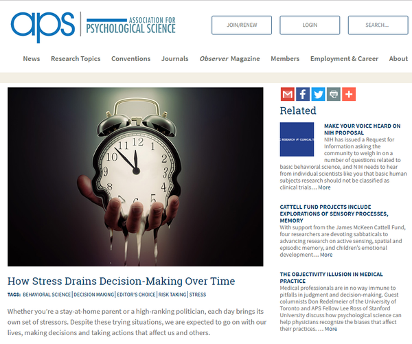 Website screenshot of how stress affect decision making