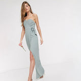 TFNC Tall bridesmaid exclusive bandeau wrap midaxi dress with pleated detail in sage