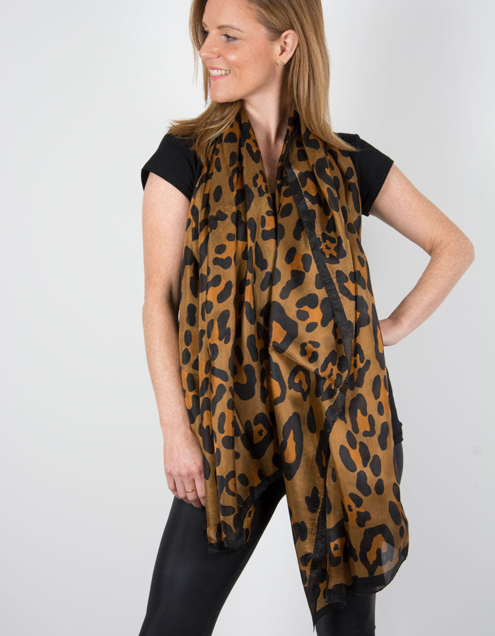 Scarf Room - The No 37 Label Brown, Black & Cream Leopard Animal Print Pure Silk Scarf_b