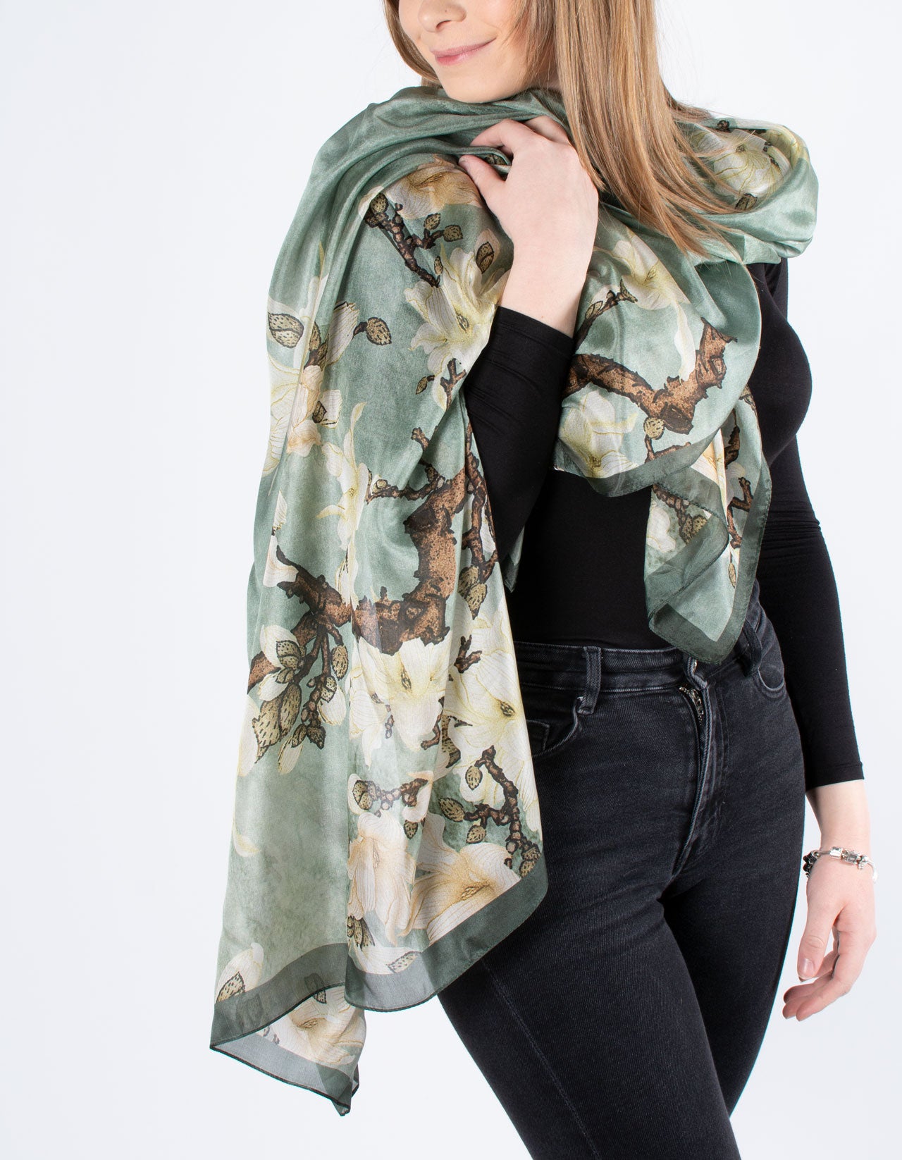 Sea Green Floral Branch Silk Scarf Silk Scarf Collection