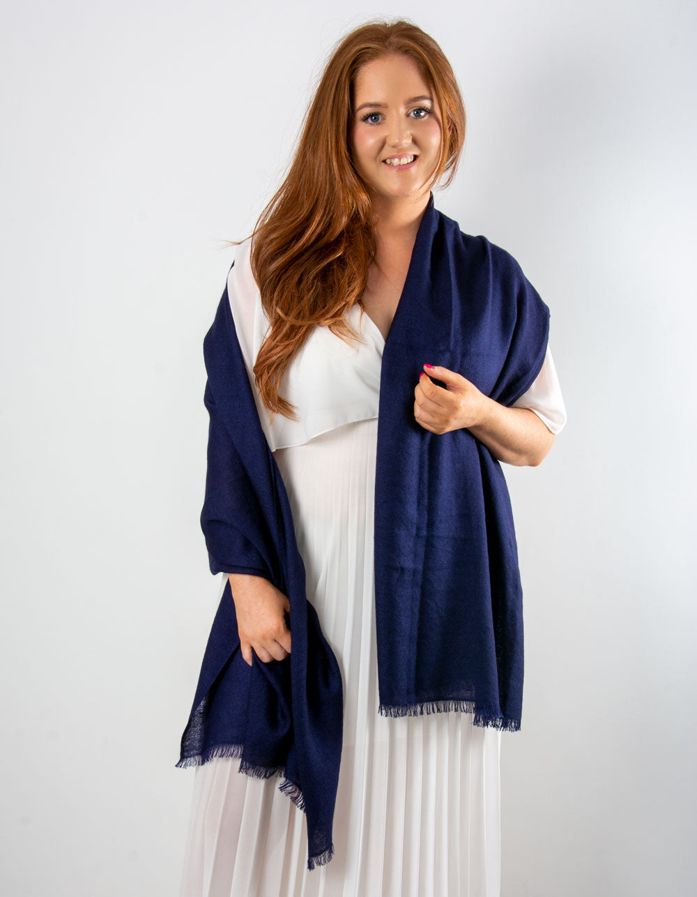 an image showing a cashmere wedding pashmina in navy