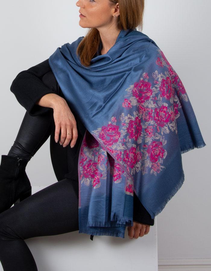 an image showing a blue and pink floral patterned pashmina