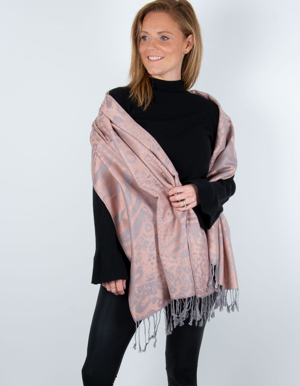 Image showing a animal print pashmina dusky pink