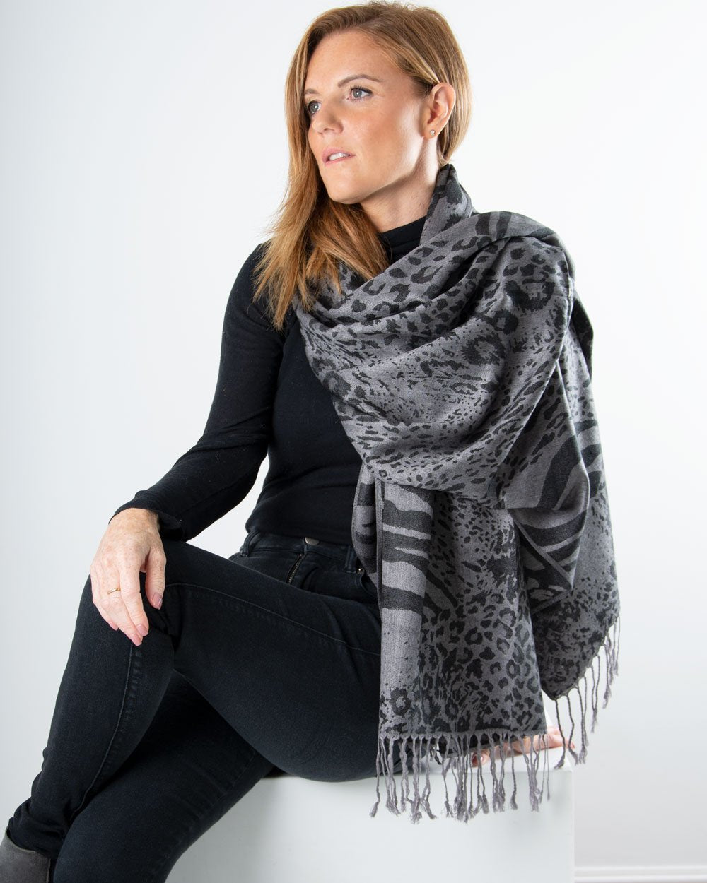 an image showing a silver and black animal print patterned pashmina