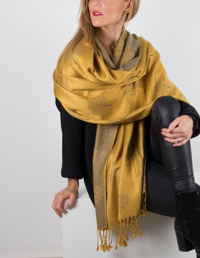 an image showing a mustard coloured patterned pashmina