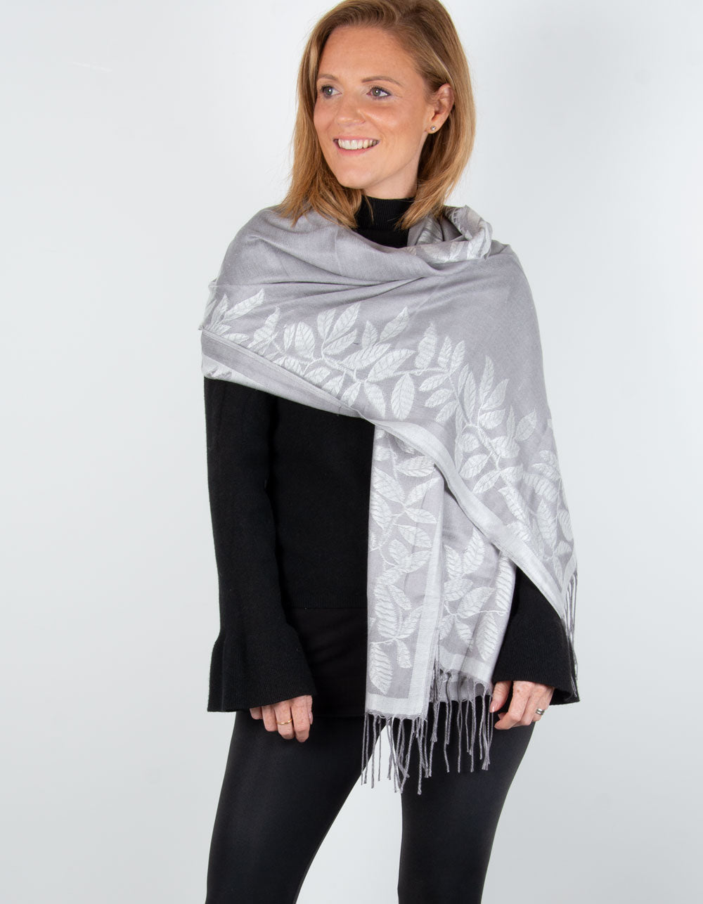 an image showing a silver leaf print pashmina