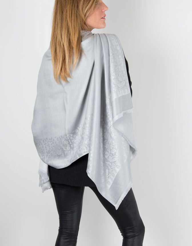 an image showing a silver grey coloured patterned pashmina