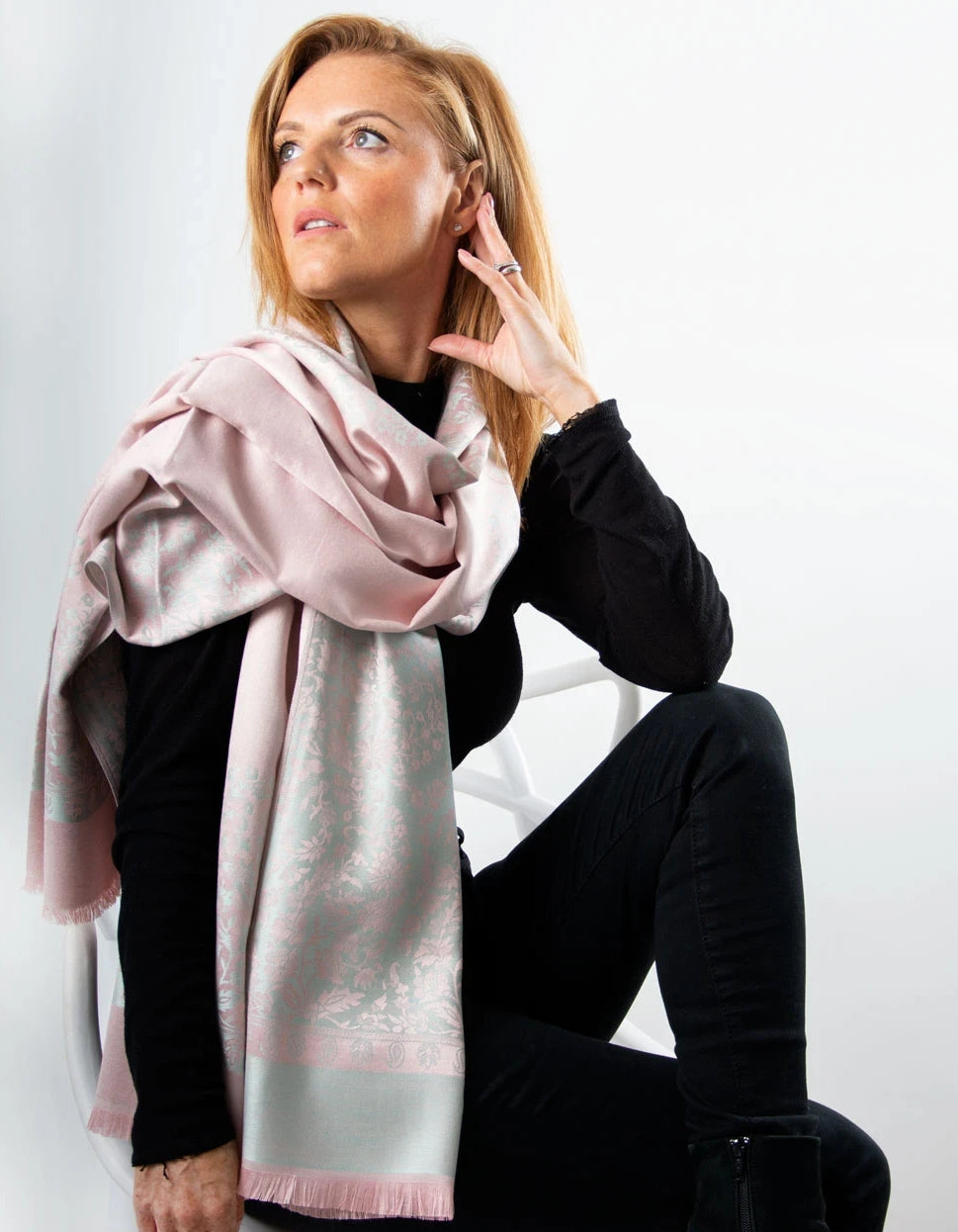 an image showing a Grey and Pink Floral Patterned Pashmina