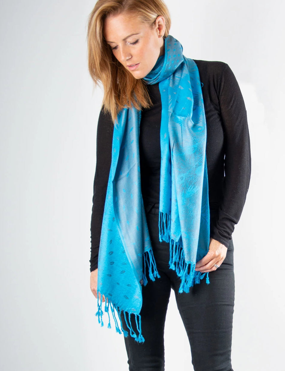 an image showing a Turquoise Blue and Silver Feather Print Pashmina