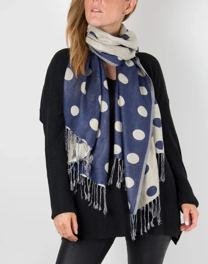 an image showing a Navy & grey Polka Dot pashmina