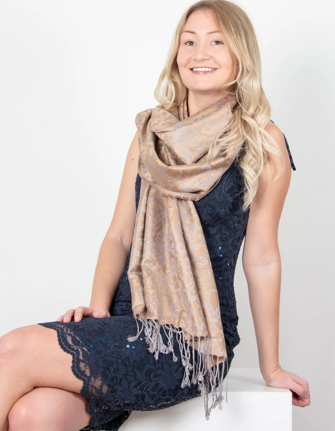 an image showing a Bronze & Grey Floral Print Pashmina