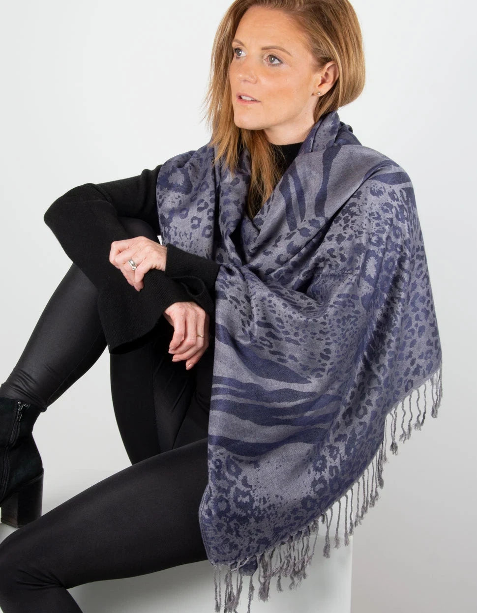 an image showing a blue and silver animal print pashmina