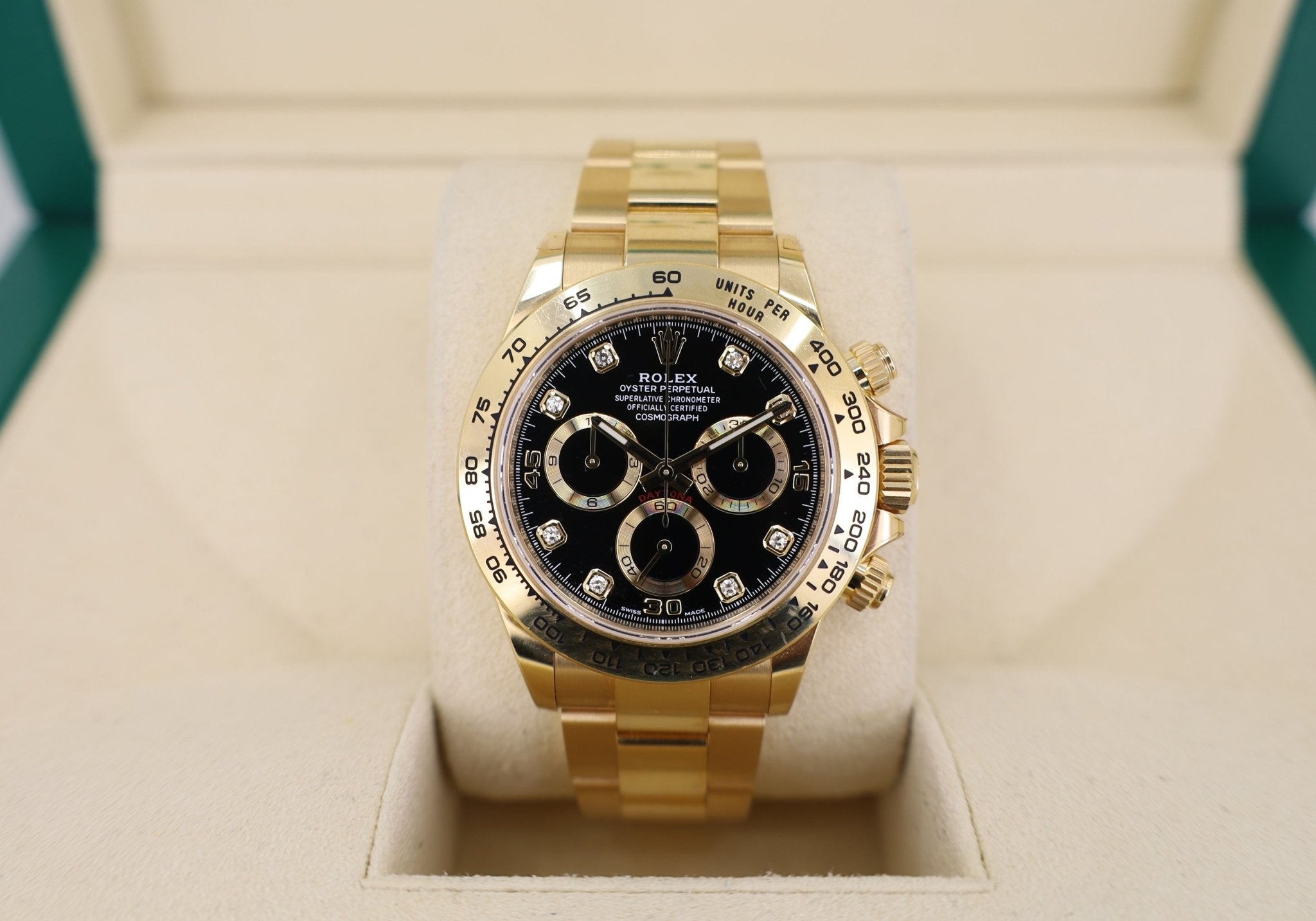 Rolex Yellow Gold Cosmograph Daytona 40 Watch - Black Diamond Dial - 1 – Luxury Time