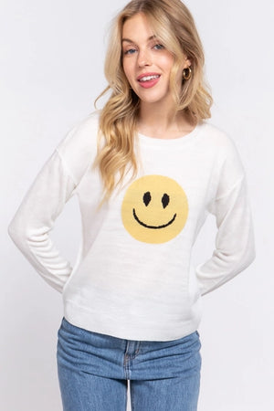 Crew Neck Smile Face Ivory Sweater - Haven LaRae Boutique