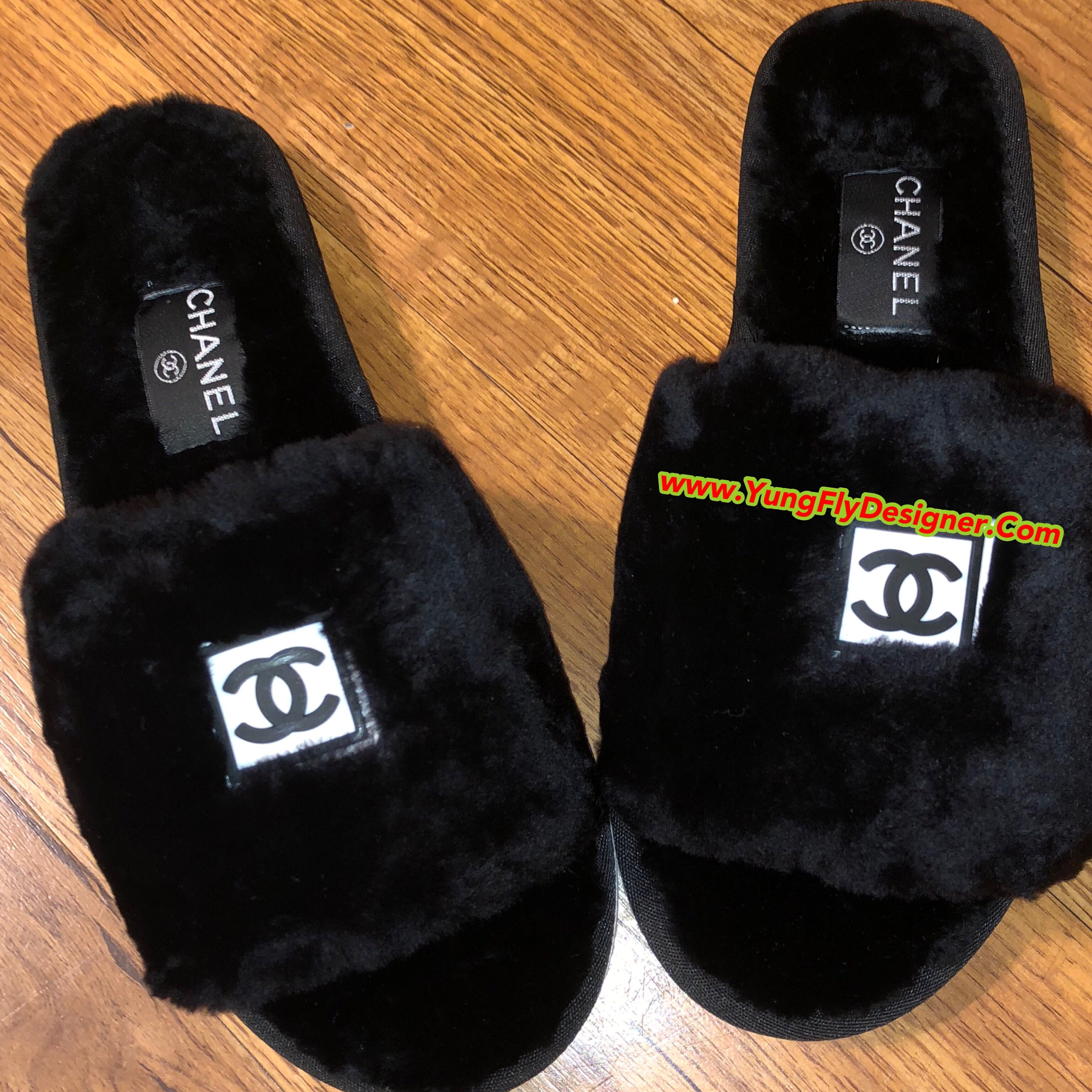 fuzzy chanel slippers