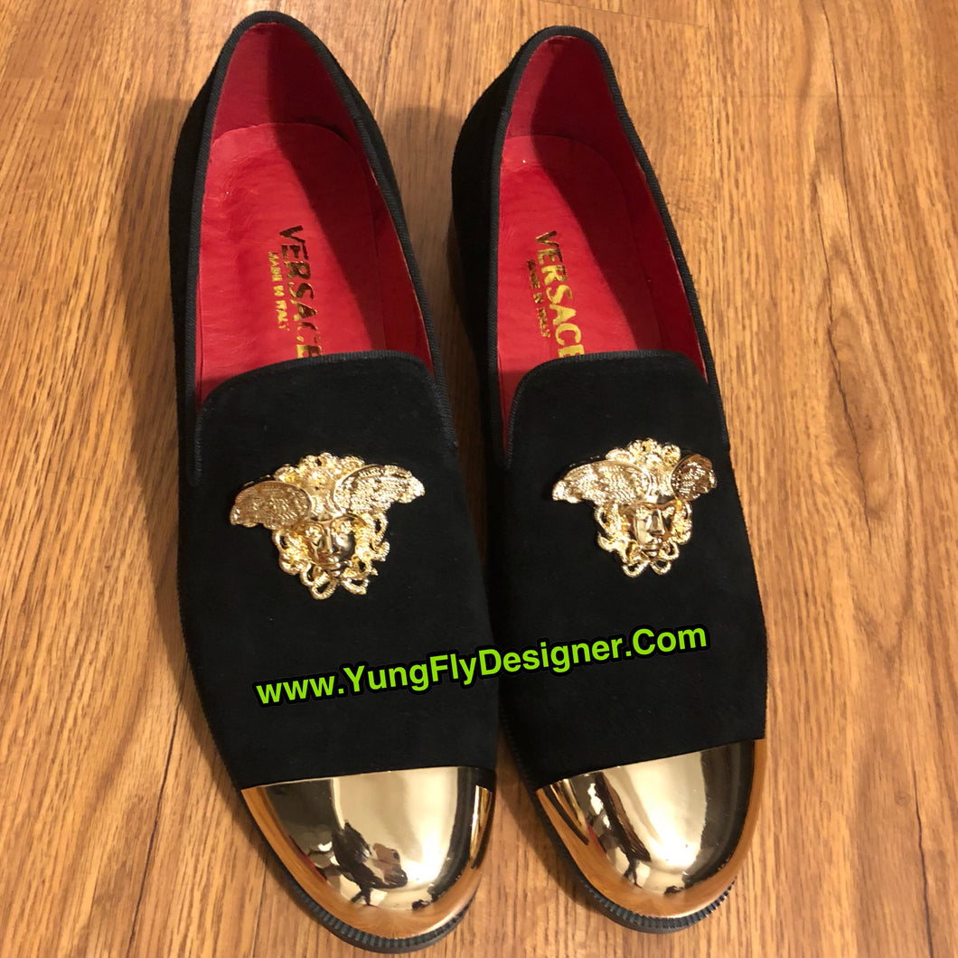 black and gold versace loafers