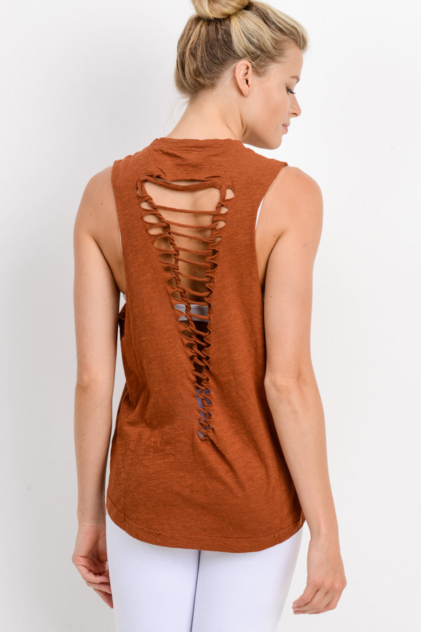 Cutout Strap Ladder Back Muscle Tee in Acorn | Allure Apparel Co