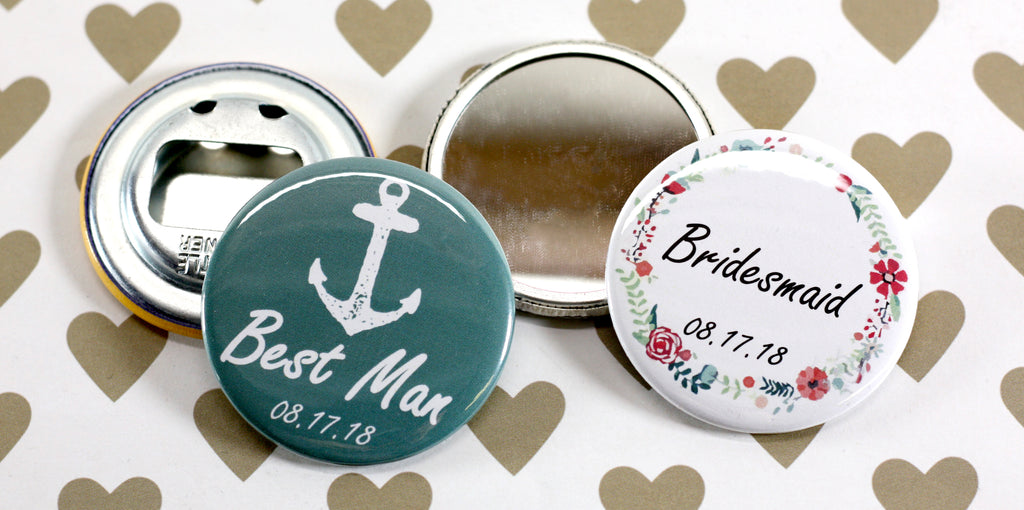 Button Gifts for Wedding Party Bottle Openers and Pocket Mirrors