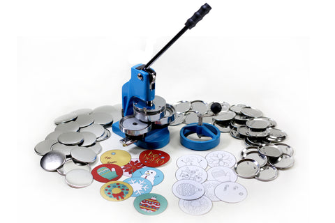 the FLEX3000 hobby button maker is a sturdy machine with sliding dies that makes buttons in the 3" size only. The holiday kit includes pre-cut holiday themed button art.