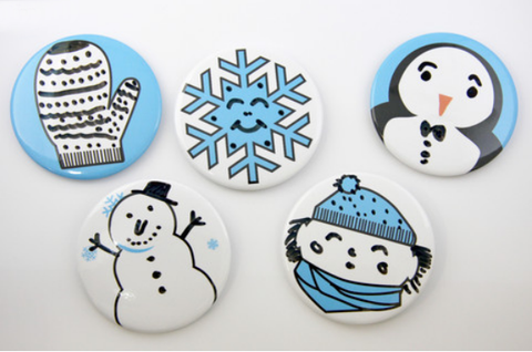 snowy face dry erase buttons, magnets, and christmas tree ornaments