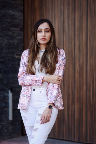 Jompers Women Peach-Coloured & Grey Satin Printed Single-Breasted Casual Blazer