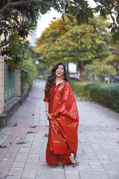 Jompers Women Maroon & Golden Solid Kurti with Sharara & Woven Design Dupatta