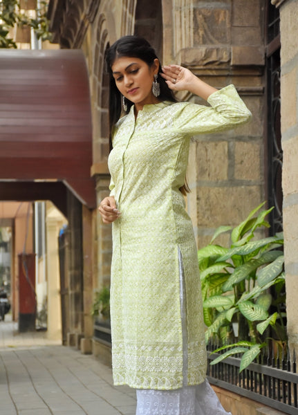 Lime Green & White Chikankari Embroidered cotton kurta sets with Palazzos