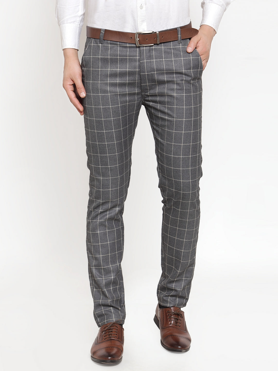 Buy WES Formals Grey Checkered Carrot-Fit Trousers from Westside