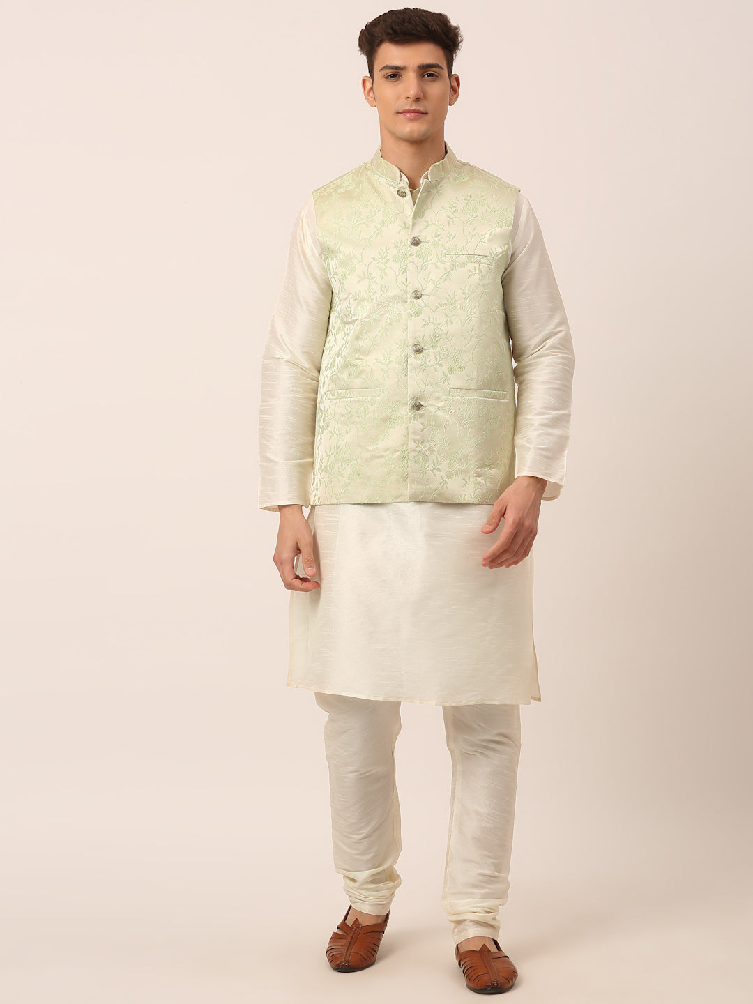 Shop Online Silk Printed Kurta Payjama With Jacket in Green and White :  232331 -