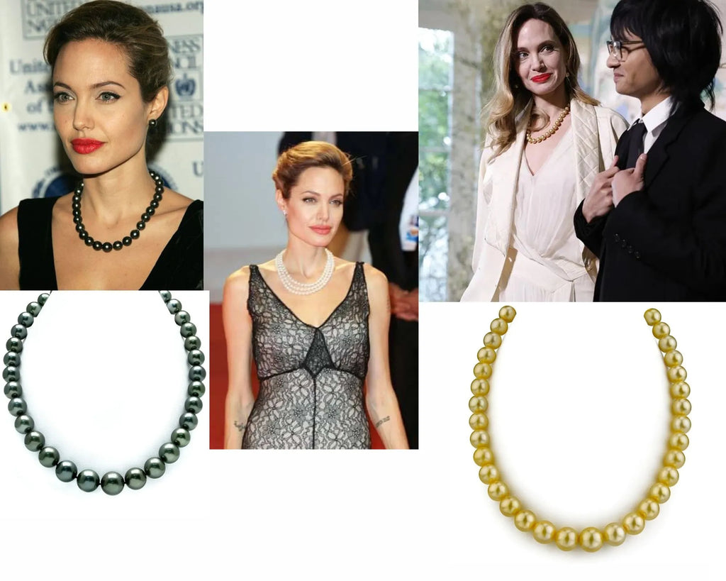 Angelina Jolie wearing princess length pearl necklaces