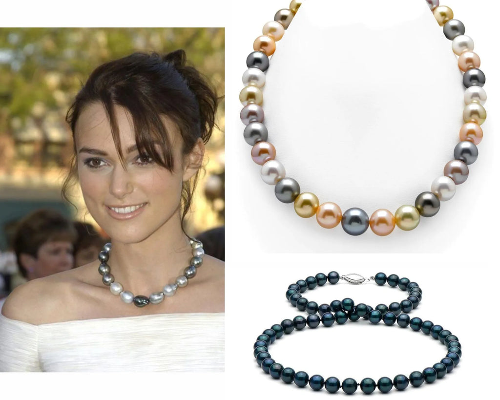 Keira Knightley wearing a baroque pearl choker necklace and necklaces from Pearls of Joy