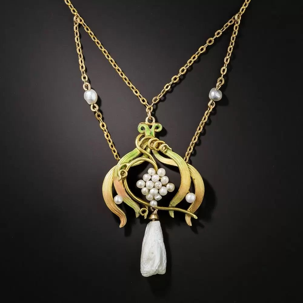 Natural Pearl Enamel and Diamond Art Nouveau Necklace