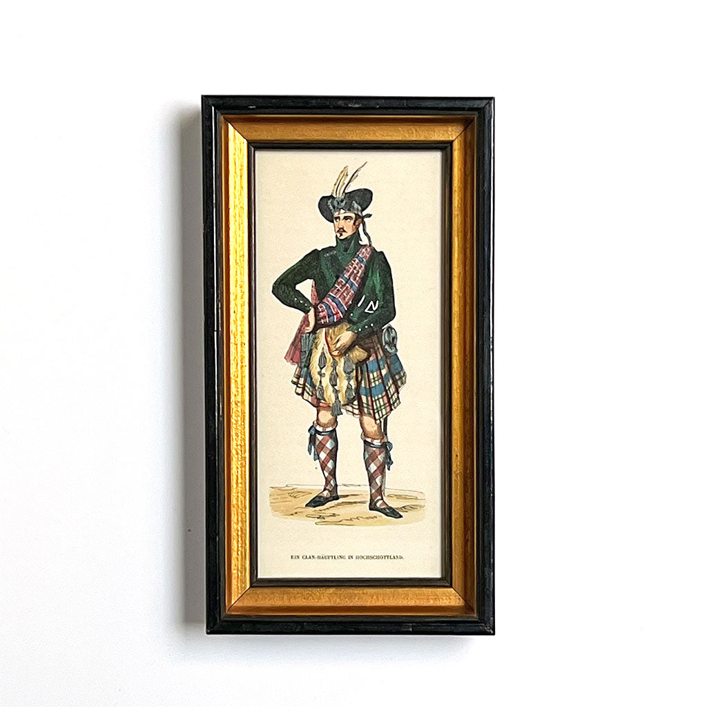 Scottish Highland Chief Original Hand-Colored German Engraving  in Vintage Frame