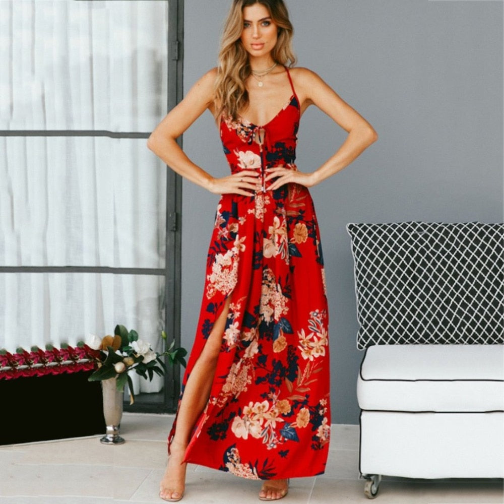 Red Floral Print backless summer dress Women deep V neck bohemian maxi ...